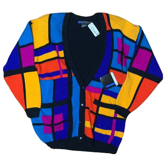 NEW Vintage XL Sweater IB Diffusion Cardigan Top 1992 Colorblock Angora (Flaw)